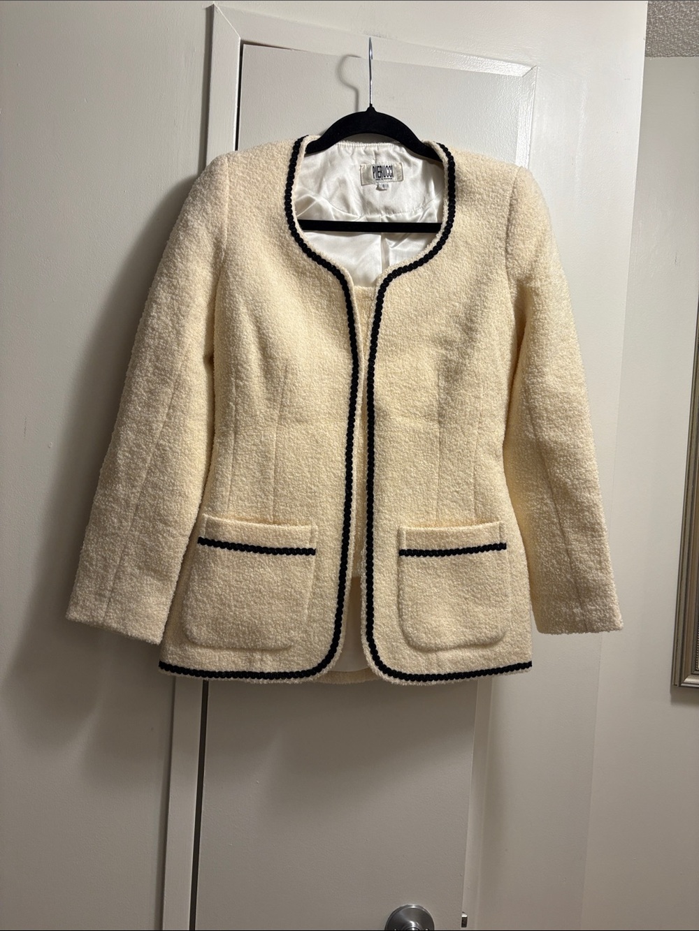 Pierucci Cream Bouclé Open-Front Jacket with Black Trim